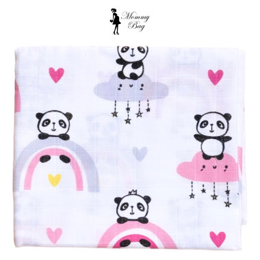 Муслиновая пеленка 100х80 см Панды с розовой радугой #31