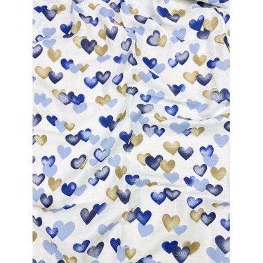 Муслиновая пеленка 100х80 см Сердечки сине-золотые #19
