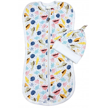 Евро пеленка кокон на молнии с шапочкой Морской мир (интерлок) №26 (0 – 6 мес)