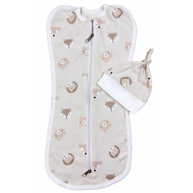 Евро пеленка кокон на молнии с шапочкой Бежевый со зверьками (интерлок) №28 (0 – 6 мес)