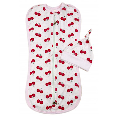 Евро пеленка кокон на молнии с шапочкой Вишенки (интерлок) №27 (0 – 6 мес)