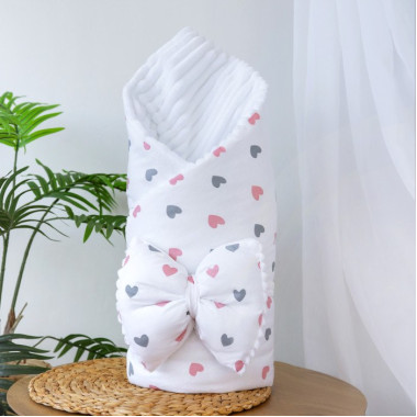 Плед со съемным утеплителем Mommy Bag №4 Сердечки розово-серые + бант на выписку