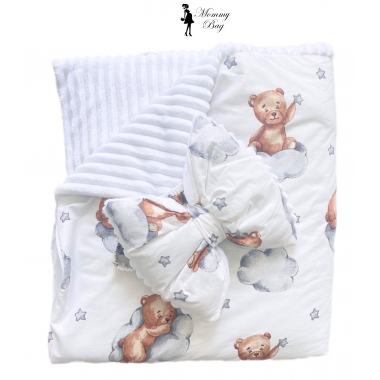 Плед со съемным утеплителем Mommy Bag №6 Мишки на облаках (белый плюш) + бант на выписку