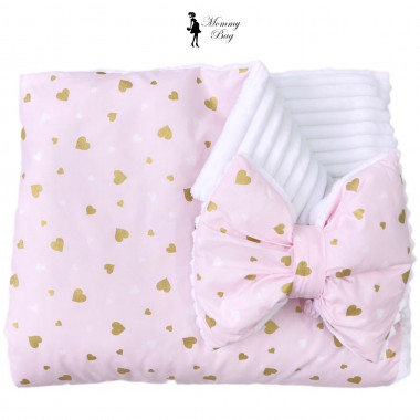 Плед со съемным утеплителем Mommy Bag №16 Розовый с сердечками (глиттер) + бант на выписку