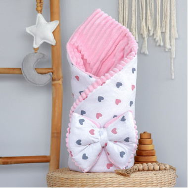 Плед со съемным утеплителем Mommy Bag №28 Сердечки розовато-серые (розовый плюш) + бант на выписку