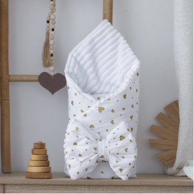 Плед со съемным утеплителем Mommy Bag №27 Белый с золотыми сердечками + бант на выписку