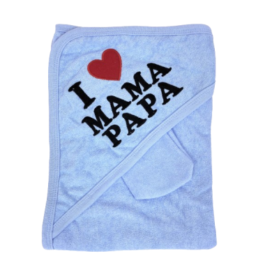 Полотенце махровое с капюшоном RoyalBaby 90*85 см I Love Daddy & Mummy Голубой+ перчатка