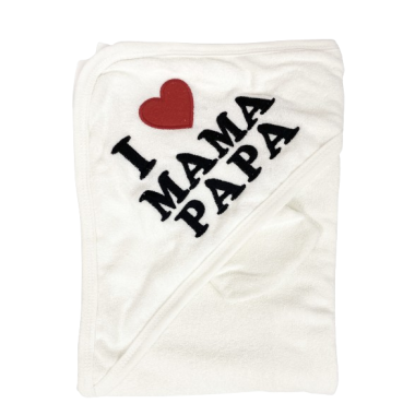 Полотенце махровое с капюшоном 90*85 см I Love Mama & Papa Белый + перчатка