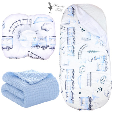 Набор 3в1 в КОЛЯСКУ RoyalBaby №4 Паравозики с муслиновым пледом