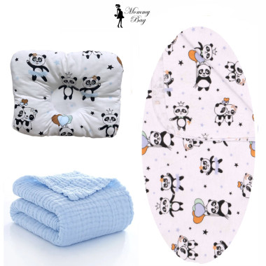 Набор 3в1 в КОЛЯСКУ RoyalBaby №41 Панды голубые с муслиновым пледом