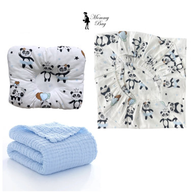 Набор 3в1 в детскую кроватку RoyalBaby №43 Панды голубые с муслиновым пледом