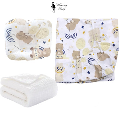 Набор 3в1 в детскую кроватку RoyalBaby №19 Мишка с радугой с муслиновым пледом