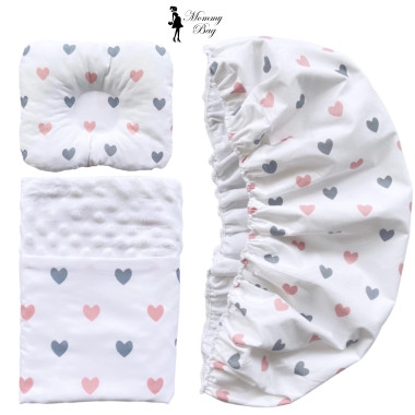 Набор 3в1 в КОЛЯСКУ RoyalBaby №27 Сердечки розовато-серые с пледом