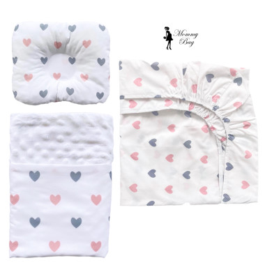 Набор 3в1 в детскую кроватку RoyalBaby №27 Сердечки розовато-серые с пледом