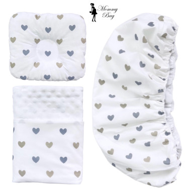 Набор 3в1 в КОЛЯСКУ RoyalBaby №28 Сердечки серо-золотые с пледом