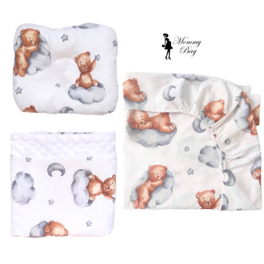 Набор 3в1 в детскую кроватку RoyalBaby №30 Мишка на облаке с пледом (с белым плюшем)