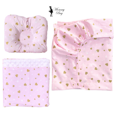 Набор 3в1 в детскую кроватку RoyalBaby №26 Розовый с сердечками (глиттер) с пледом