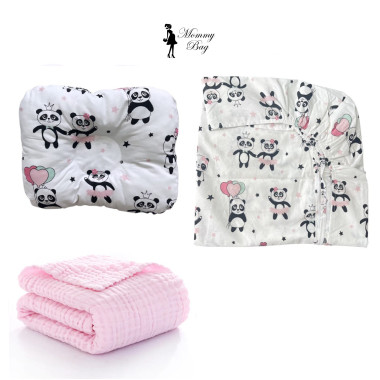 Набор 3в1 в детскую кроватку RoyalBaby №44 Панды розовые с муслиновым пледом