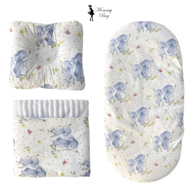 Набор 3в1 в КОЛЯСКУ RoyalBab №36 Зайчики голубые с пледом (с белым плюшем)