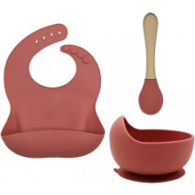 Набор посуды 3 ед. Кораллово-красный (нагрудник, тарелочка, ложка)