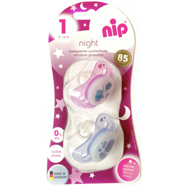 Пустышка Nip Моя семья НОЧЬ, 0-6 мес., силикон, для девочки, 2 шт.