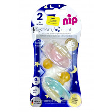 Пустышка Nip Вишенка Ночные, 6-18 мес., латекс, для девочки, 2 шт. Мятно-розовые