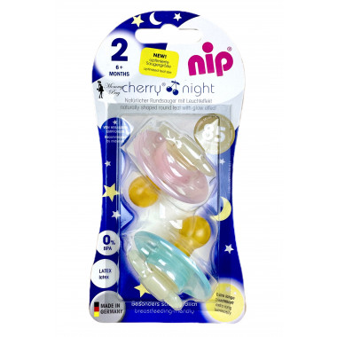Пустышка Nip Вишенка Ночные, 6-18 мес., латекс, для девочки, 2 шт. Мятно-розовые