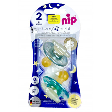 Пустышка Nip Вишенка Ночные, 6-18 мес., латекс, для мальчика, 2 шт.Сине-бирюзовые