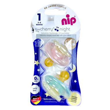 Пустышка Nip Вишенка Ночные, 0-6 мес., латекс, для девочки, 2 шт. Мятно-розовые