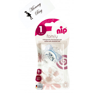 Пустышка с крышкой Nip Моя семья, 0-6 мес., силикон, для мальчика Жирафики, 1 шт.