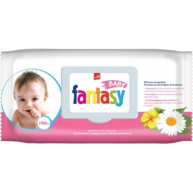 Влажные салфетки Fantasy Baby с клапаном 100 шт с ромашкой, календулой и пантелоном