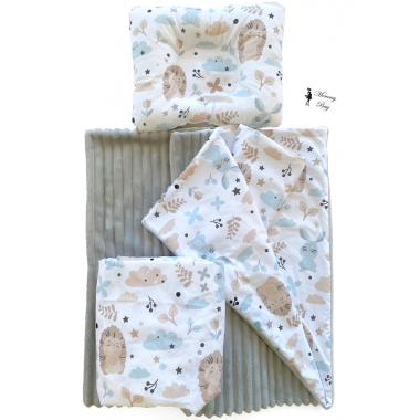 Набор в детскую кроватку 3в1 (простынь, плед, подушка) Ежики и зайчики №19