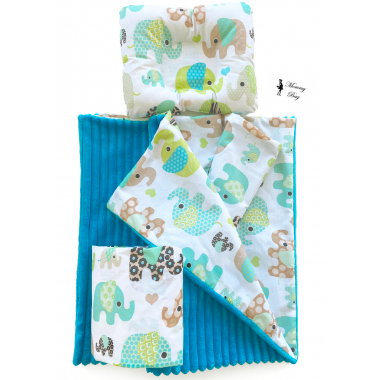 Набор в детскую кроватку 3в1 (простынь, плед, подушка) Мятные слоники №10