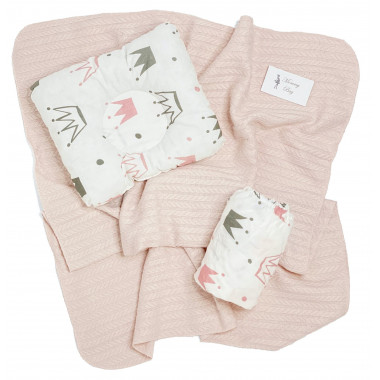 Набор в детскую кроватку 3в1 Розовые Короны с хлопковым пледом