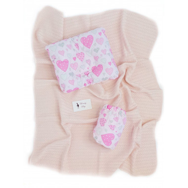 Набор в детскую кроватку 3в1 Розовые Сердечки с хлопковым пледом