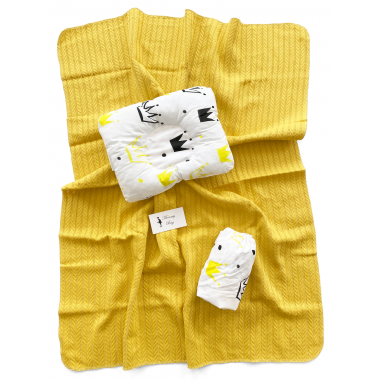 Набор в коляску 3в1 Желтые короны с горчичным хлопковым пледом
