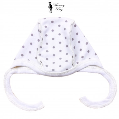 Шапочка-чепчик 0-3 мес Молочная в серый горошек №46