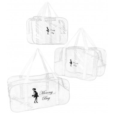 Набор из 3 прозрачных сумок в роддом Mommy Bag (S, M, L) Белый