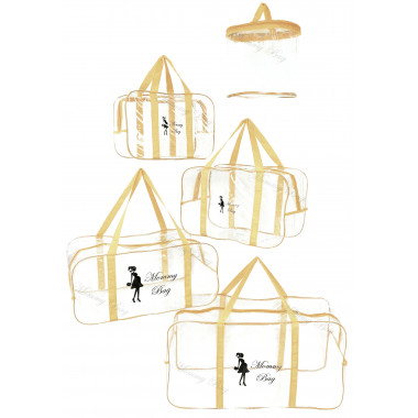 Набор 4+1 прозрачных сумок в роддом Mommy Bag - S,M,L,XL - Бежевый + подарок - органайзер
