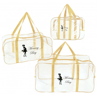 Набор из 3 прозрачных сумок в роддом Mommy Bag (S, L, XL) Бежевый