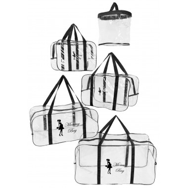 Набор 4+1 прозрачная сумка в роддом Mommy Bag S, M, L, XL + подарок - органайзер)  Черный