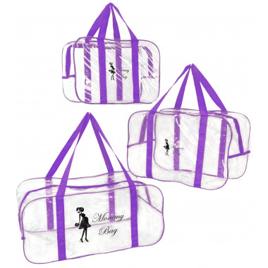 Набор из 3 прозрачных сумок в роддом Mommy Bag S, M, L фиолетовый (v006)
