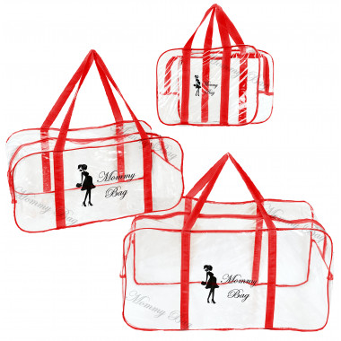 Набор из 3 прозрачных сумок в роддом Mommy Bag (S, L, XL) Красный