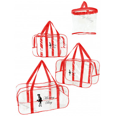 Набор из прозрачных сумок в роддом Mommy Bag (S, M, L + органайзер) Красный