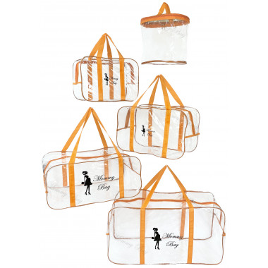 Набор из прозрачных сумок в роддом Mommy Bag (S, M, L, XL + подарок - органайзер) Оранжевый