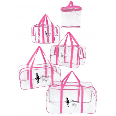 Набор 4+1 прозрачная сумка в роддом Mommy Bag (S, M, L, XL + подарок - органайзер) Розовый