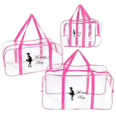 Набор из 3 прозрачных сумок в роддом Mommy Bag S, L, XL розовый (p008)