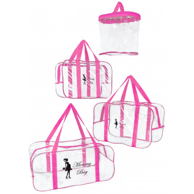 Набор из прозрачных сумок в роддом Mommy Bag (S, M, L + органайзер) Розовый