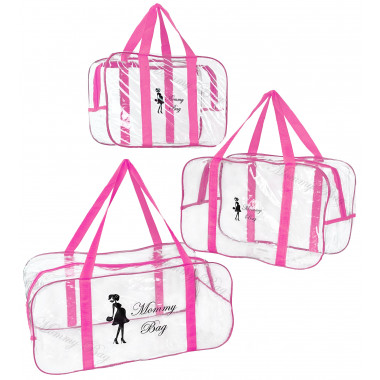 Набор из 3 прозрачных сумок в роддом Mommy Bag (S, M, L) Розовый