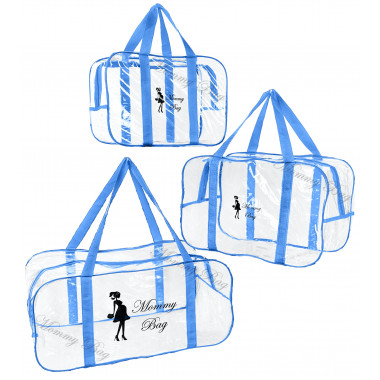 Набор из 3 прозрачных сумок в роддом Mommy Bag (S, M, L) Синий